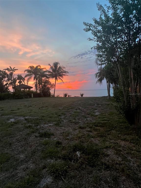 A grassy yard leads to a waterfront view with palm trees at sunset — 1013 SYMPHONY ISLES BOULEVARD, APOLLO BEACH, FL