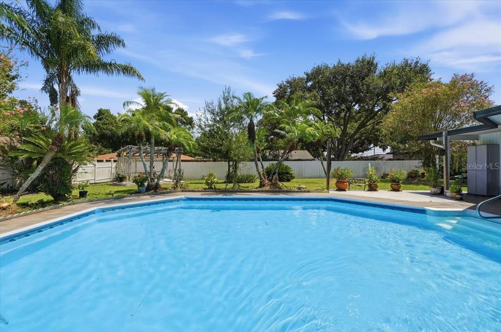 A backyard features a swimming pool, palm trees, and a white fence under a blue sky — 543 STATE ROAD 559, AUBURNDALE, FL