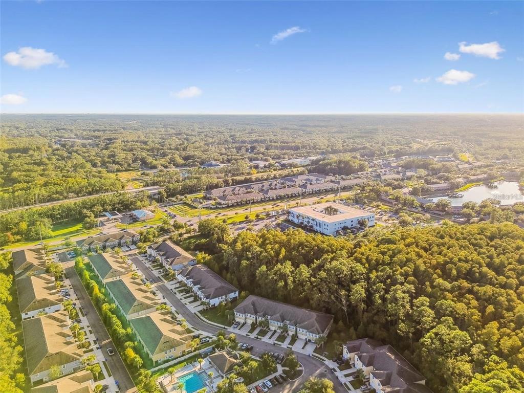 An aerial view shows a residential complex with townhouses, a swimming pool, and surrounding woods — 5514 VIOLA LEE WAY, LUTZ, FL