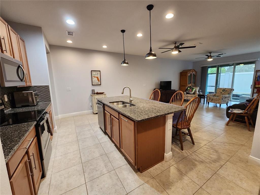 A kitchen with granite countertops and a central island overlooks an open-concept living area — 5514 VIOLA LEE WAY, LUTZ, FL