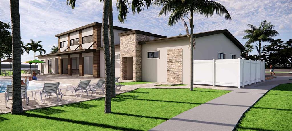 This rendering shows the exterior of a modern community building with a pool and patio — 195 ENCLAVE AVENUE, PALM COAST, FL