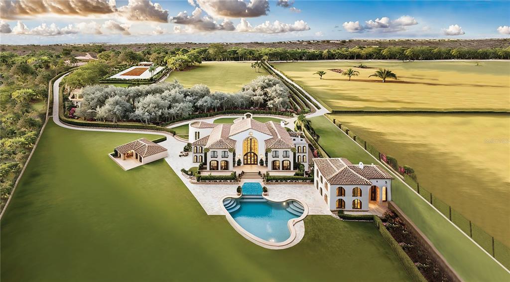 This is an aerial rendering of a large Mediterranean-style estate with a pool and grounds — 600 N JACKSON ROAD, VENICE, FL