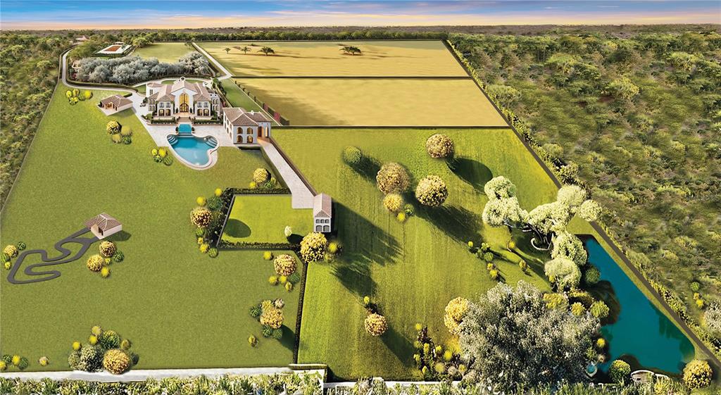 This is a digital rendering of a large estate featuring a mansion, pool, and pond — 600 N JACKSON ROAD, VENICE, FL