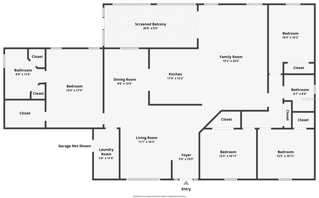 This is a floor plan of a residential home featuring four bedrooms and a screened balcony — 18030 BAYAMON AVENUE, POLK CITY, FL