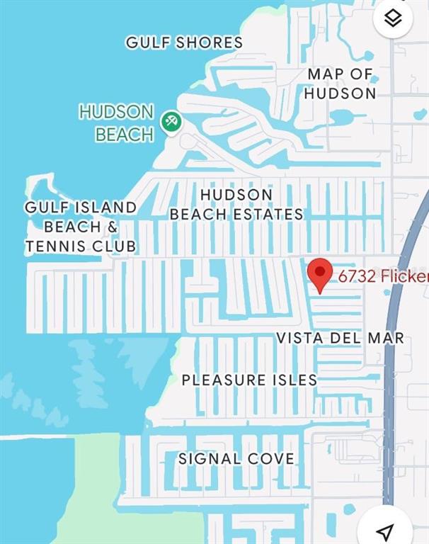 This map shows the waterfront residential neighborhoods of Hudson Beach, Florida, with a location marker — 6732 FLICKER LANE, HUDSON, FL