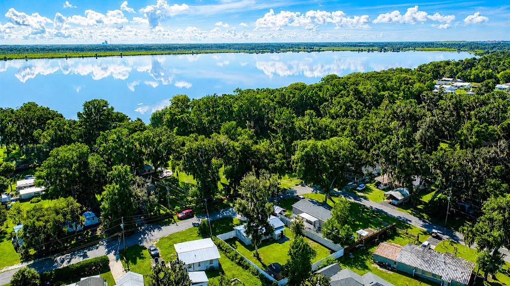An aerial view shows a lake surrounded by dense trees and several small residential houses — 1924 CR 439C, LAKE PANASOFFKEE, FL