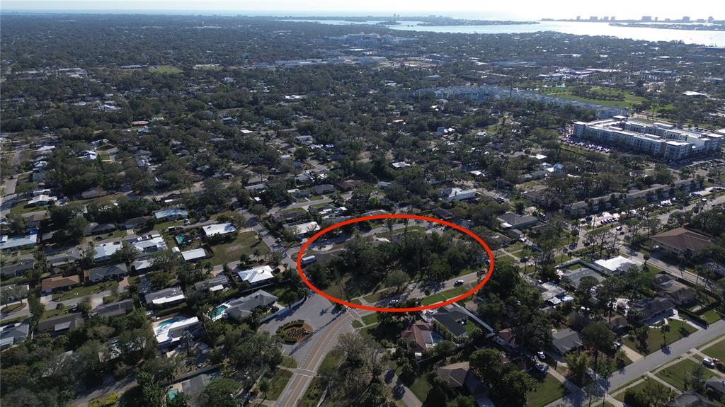 An aerial view shows a wooded lot circled in red within a residential neighborhood — 2450 RINGLING BOULEVARD, SARASOTA, FL