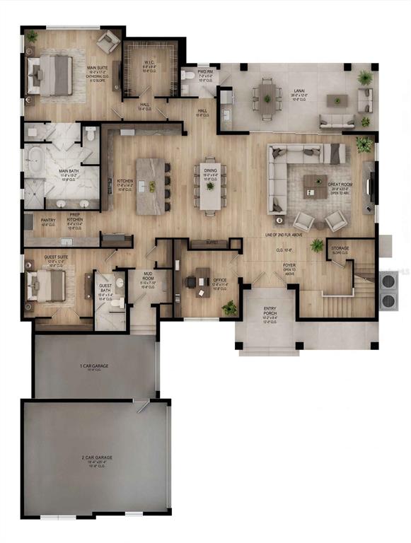 This is a floor plan for a single-story house featuring a three-car garage and lanai — 1152 PRADO LANE, OAKLAND, FL