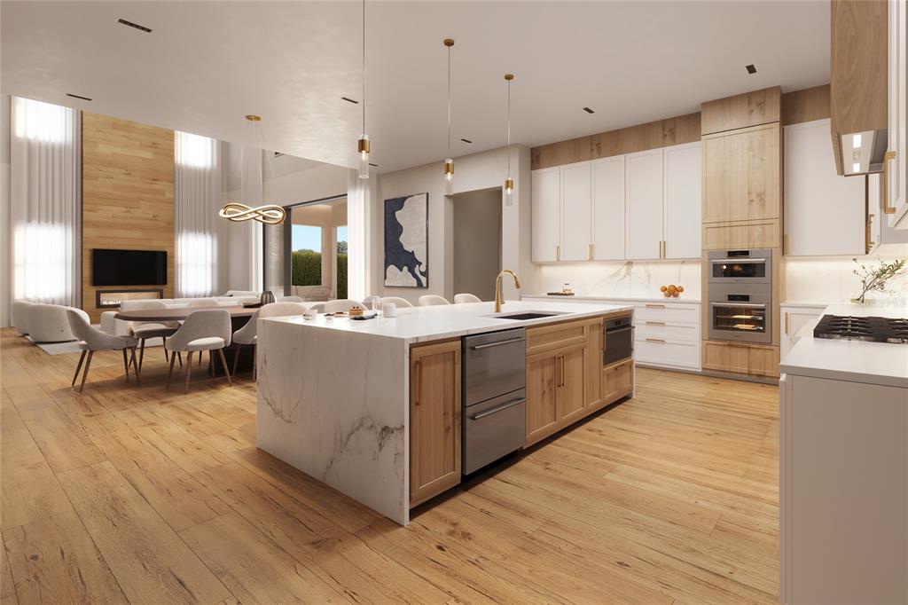 This is a rendering of a modern kitchen with a marble island and wood flooring — 1152 PRADO LANE, OAKLAND, FL