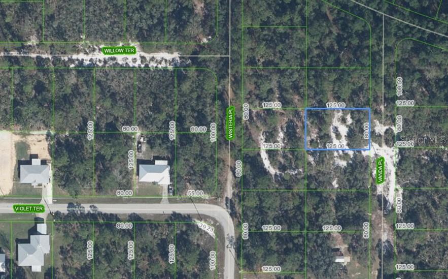 This is a satellite map showing a vacant rectangular lot outlined in blue — 6809 VANDA PLACE, SEBRING, FL