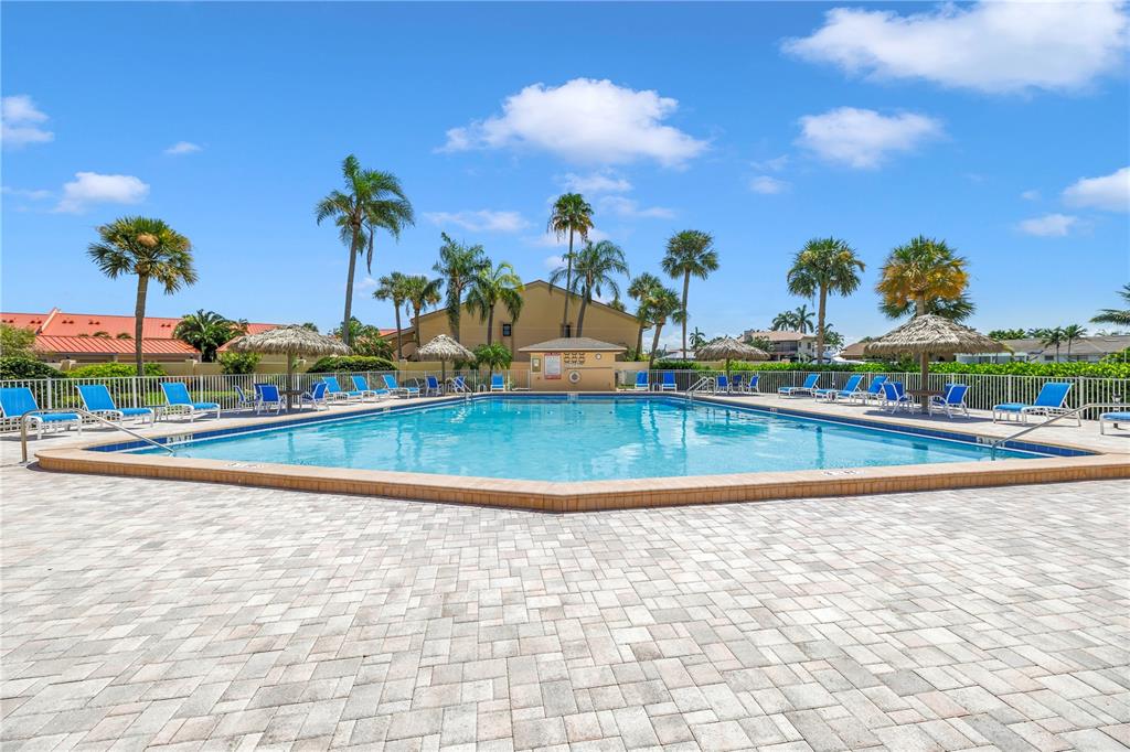 A rectangular swimming pool with blue lounge chairs and tiki umbrellas sits on a patio — 4900 BRITTANY DRIVE S UNIT 205, ST PETERSBURG, FL