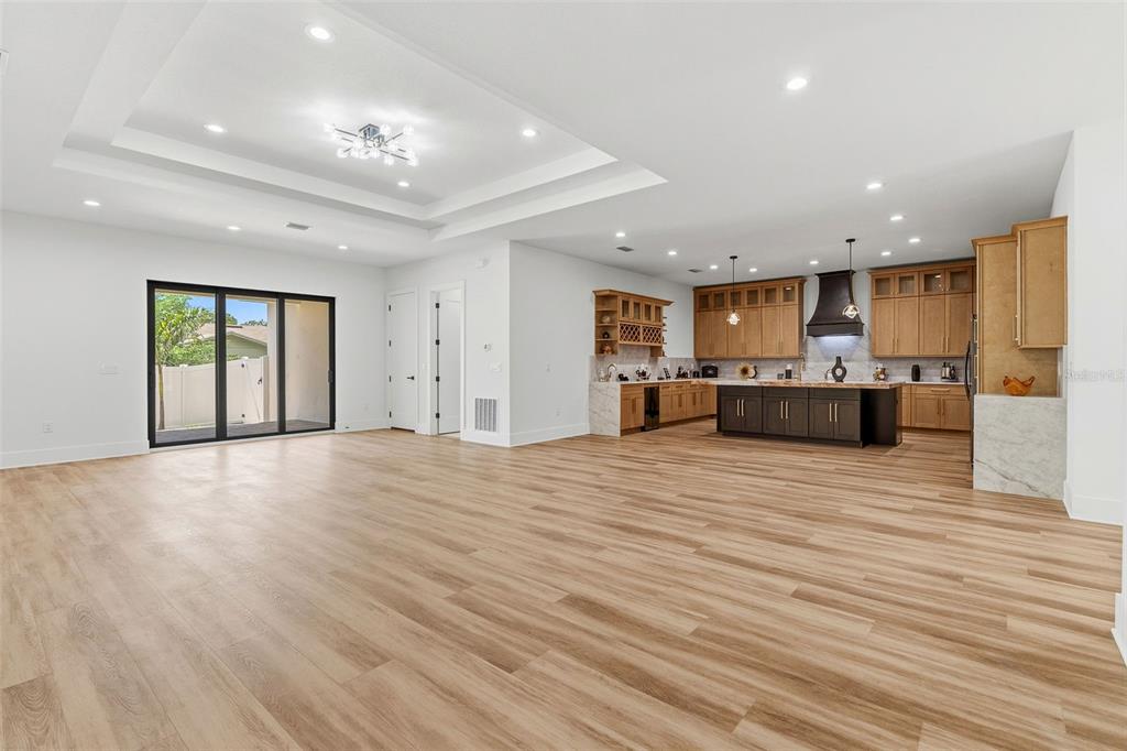 An open-concept living area features light wood flooring, a tray ceiling, and a modern kitchen — 2914 W WALNUT STREET, TAMPA, FL