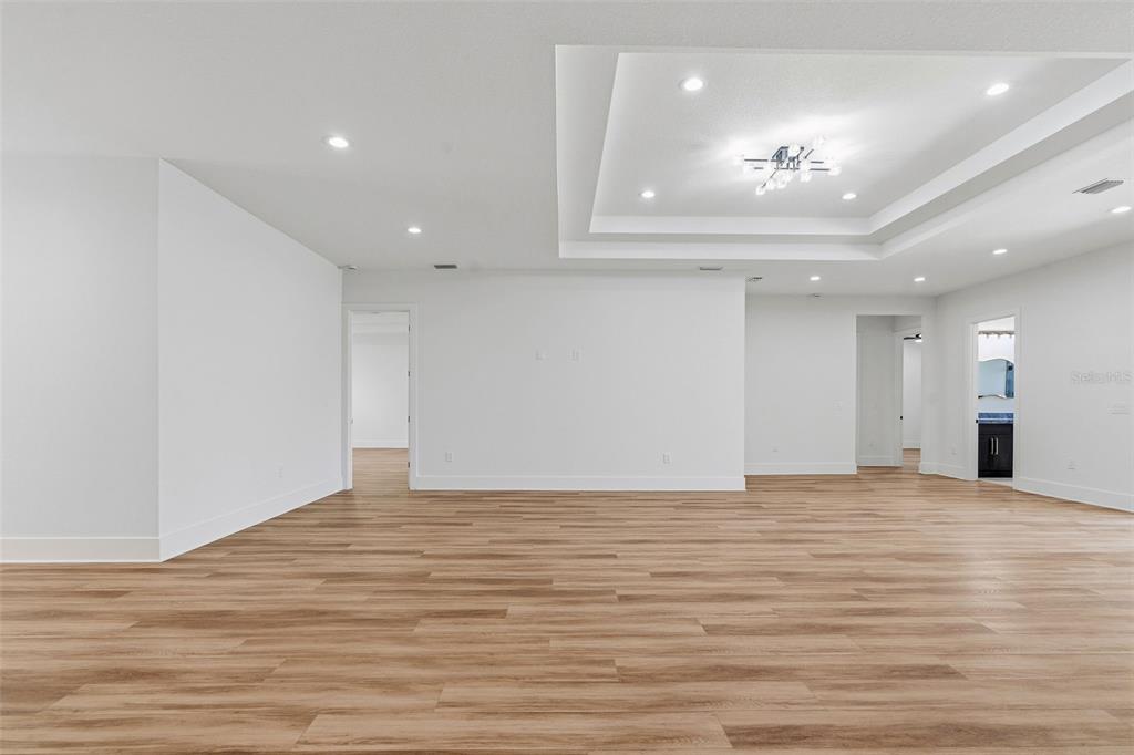A spacious, empty room with white walls, light wood-look flooring, and a tray ceiling — 2914 W WALNUT STREET, TAMPA, FL