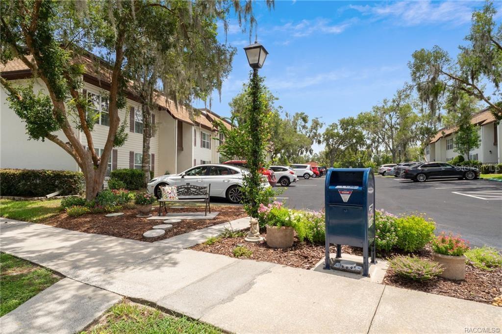 A blue mailbox stands on a sidewalk in front of an apartment complex parking lot — 2400 FOREST DRIVE UNIT 221, INVERNESS, FL