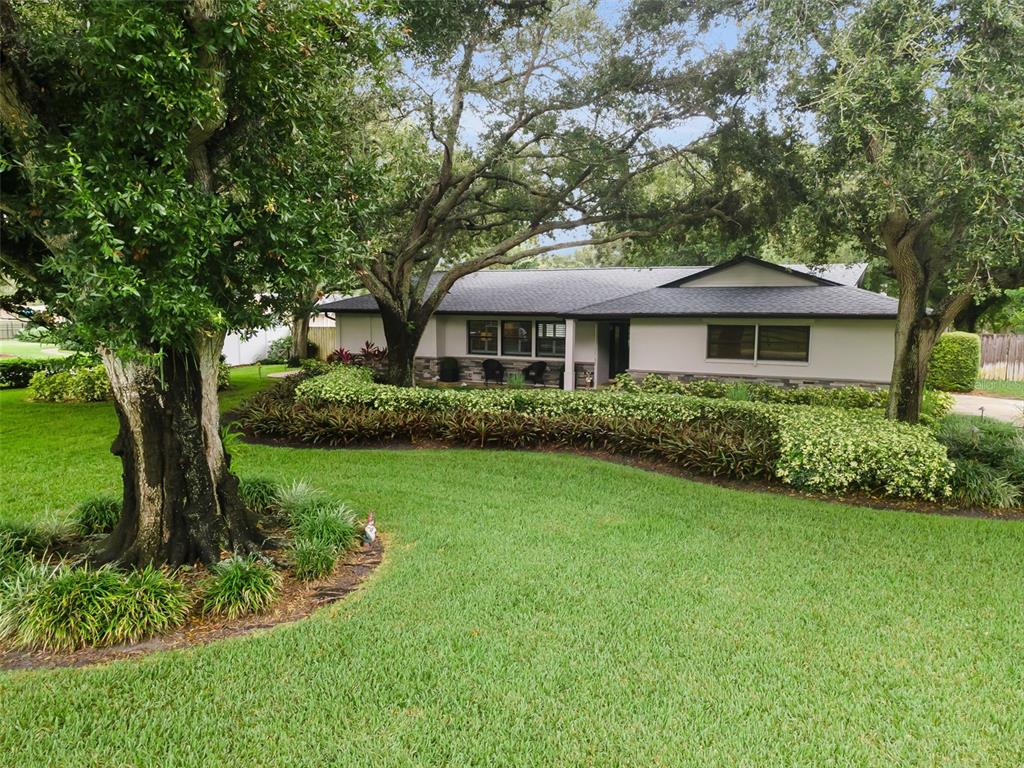 A single-story house with a gray roof and stone accents sits behind a large tree — 13123 108TH AVENUE, LARGO, FL