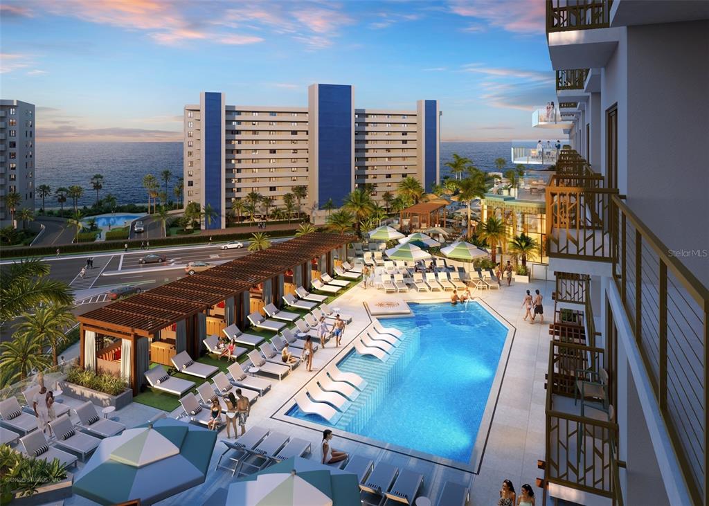 This rendering shows a resort-style swimming pool with lounge chairs and a pergola near buildings — 15000 MADEIRA WAY UNIT 409, MADEIRA BEACH, FL