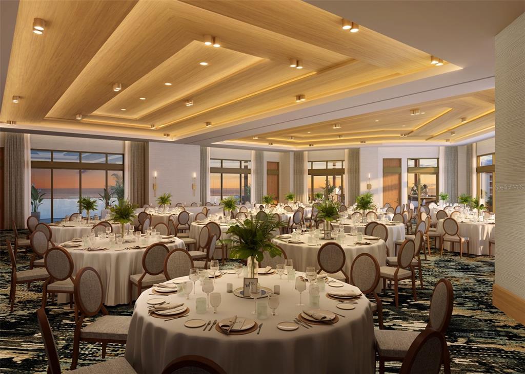This rendering shows a large banquet hall with round tables, chairs, and a tray ceiling — 15000 MADEIRA WAY UNIT 409, MADEIRA BEACH, FL