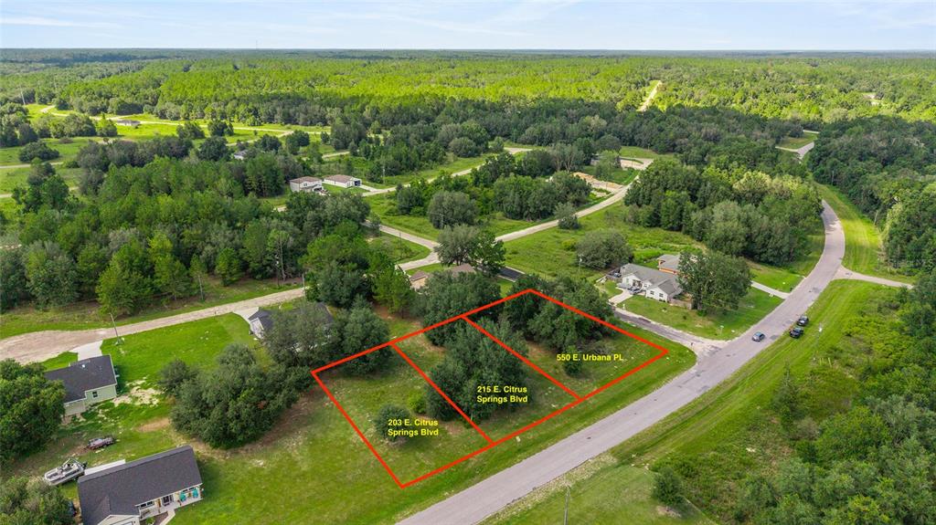 An aerial view shows three adjacent vacant lots outlined in red within a residential area — 550 E URBANA PLACE, DUNNELLON, FL