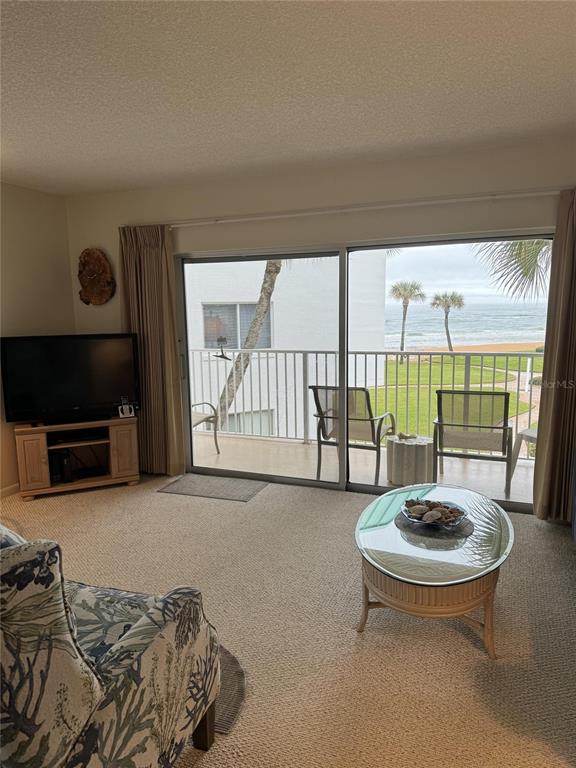 A living room features carpeted floors, a television, and a sliding glass door to a balcony — 815 OCEAN SHORE BOULEVARD UNIT 10B, ORMOND BEACH, FL