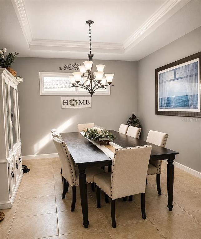 A dining room features a dark wood table, upholstered chairs, and a central chandelier — 10319 SAINT FRANCIS TERRACE, PALMETTO, FL