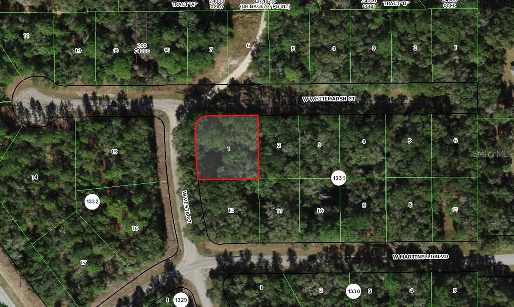 This is a map showing a highlighted residential lot located at the corner of two streets — 346 W WHITMARSH COURT, CITRUS SPRINGS, FL