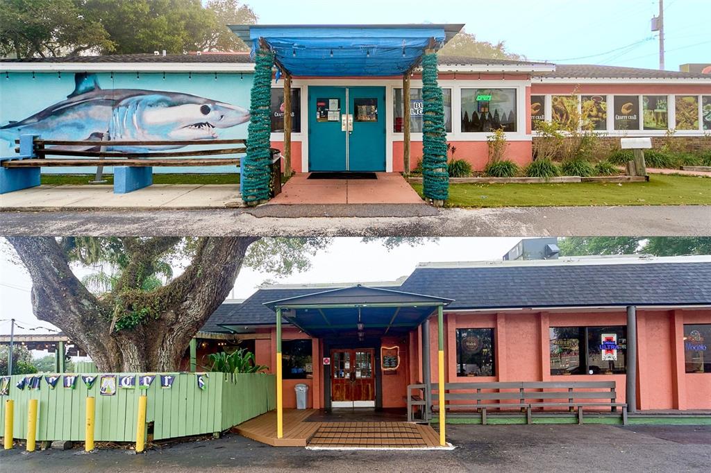 Two exterior views of a pink restaurant building with a shark mural and wooden benches — 706 E BRANDON BOULEVARD, BRANDON, FL