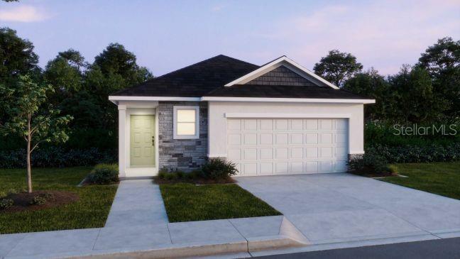 A digital rendering of a single-story house with a two-car garage and stone facade — 25462 CALUSA DRIVE, PUNTA GORDA, FL