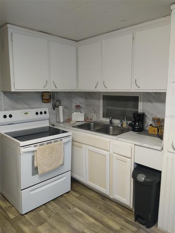 A kitchen features white cabinets, a white electric stove, a double sink, and wood-look flooring — 8488 SE 126TH PLACE, BELLEVIEW, FL