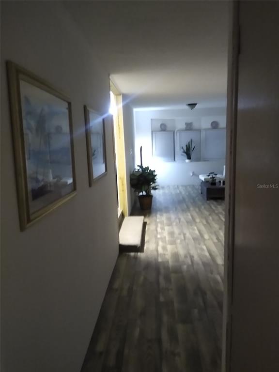 A hallway with framed art leads into a living area featuring wood-look flooring — 8488 SE 126TH PLACE, BELLEVIEW, FL