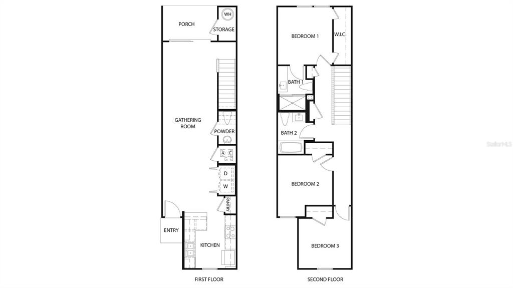 This is a two-story floor plan showing a kitchen, gathering room, and three bedrooms — 273 AYAMONTE ROAD, ST AUGUSTINE, FL