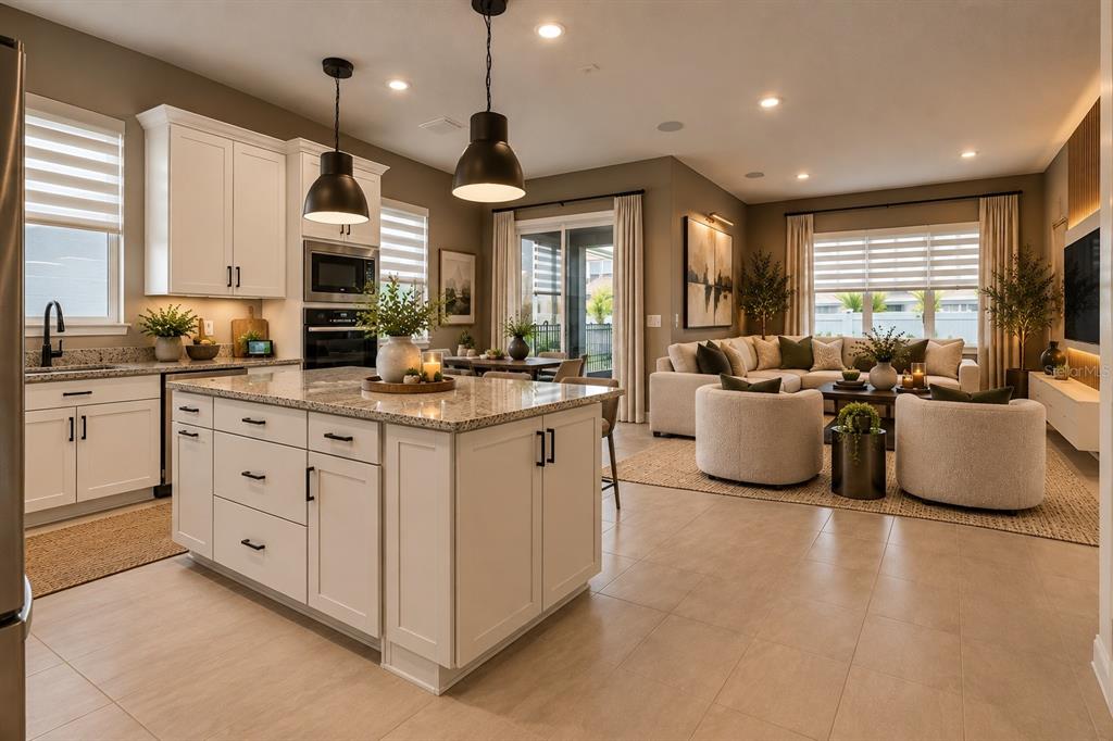 The exterior of a single-story house features a gray front door, garage, and landscaped yard — 7239 IVY TENDRIL AVENUE, ORLANDO, FL