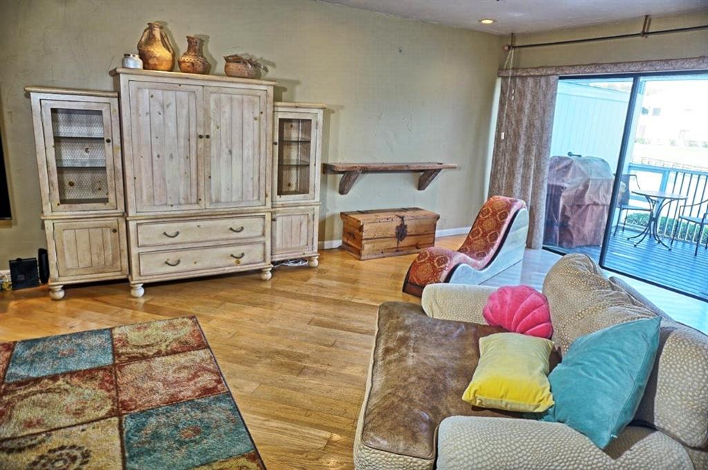 A living room features light wood flooring, a large entertainment center, and a curved lounge chair — 1859 MAZO MANOR UNIT U6, LUTZ, FL