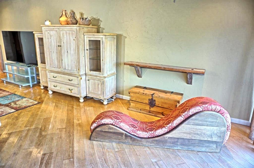 A living room features a wooden entertainment center, a rustic chest, and a curved chaise lounge — 1859 MAZO MANOR UNIT U6, LUTZ, FL