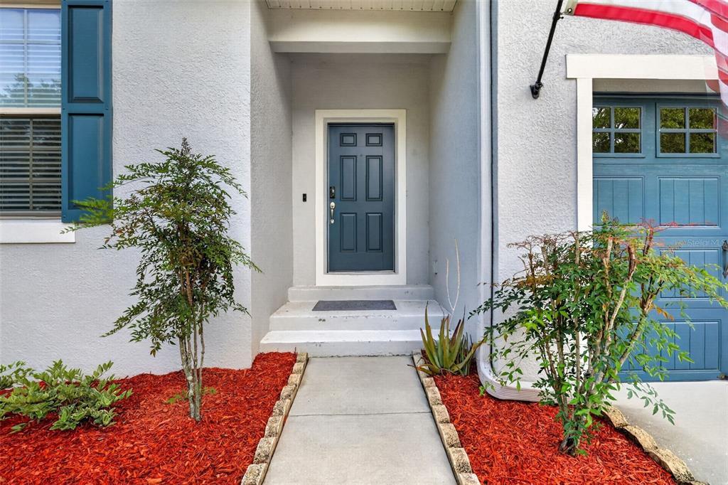 A front entryway features a blue door, a concrete walkway, and red mulch landscaping — 30115 CHEVAL STREET, MOUNT DORA, FL