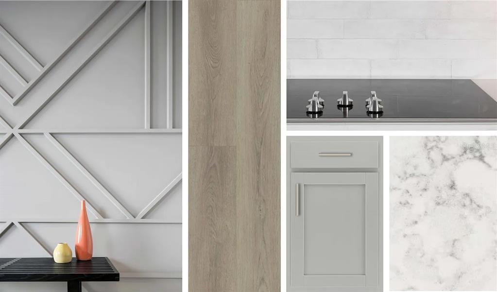 This is a digital rendering of interior design finishes, including cabinetry, flooring, countertops, and wall molding — 17631 LAKE STAR ROAD, WINTER GARDEN, FL