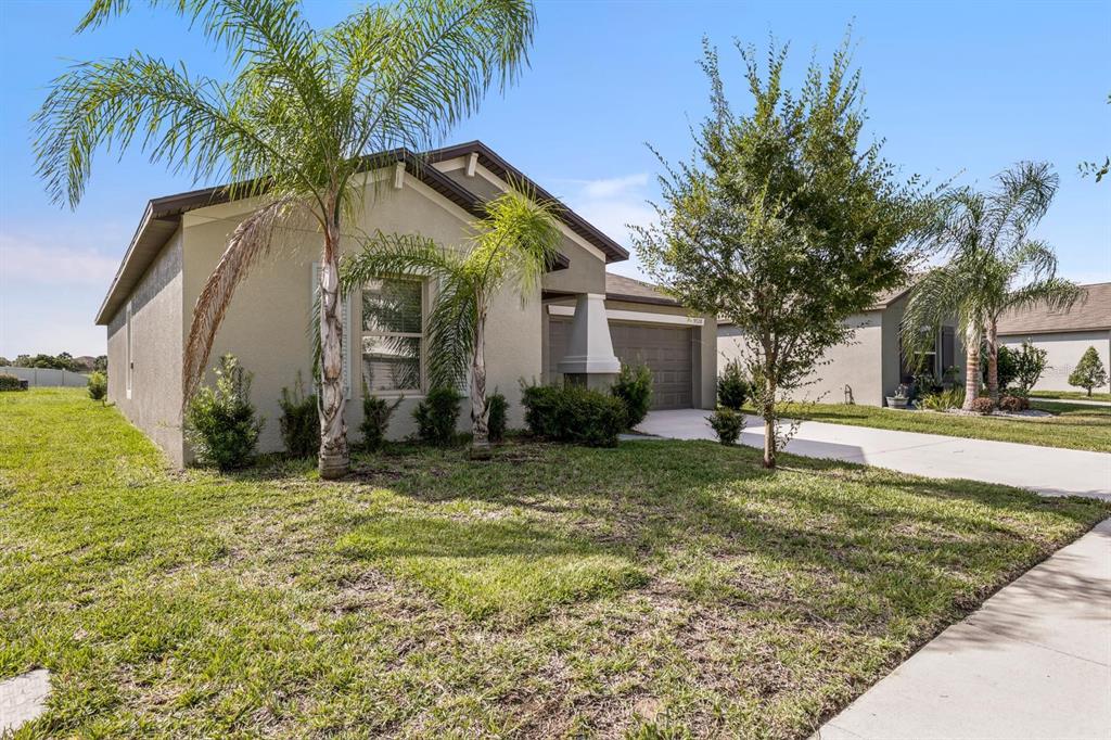A single-story house with a stucco exterior, palm trees, and a concrete driveway — 9728 CHANNING HILL DRIVE, RUSKIN, FL