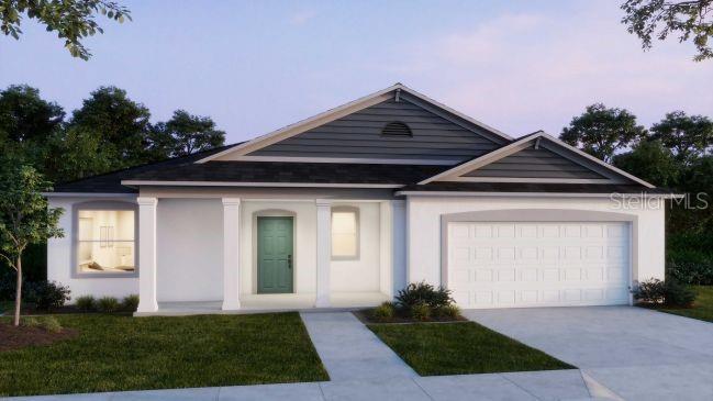 A digital rendering of a single-story house with a white exterior, teal door, and garage — TBD MOHAWK ROAD, VENICE, FL