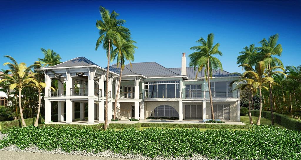 This is a digital rendering of a multi-story coastal home with palm trees and landscaping — 3761 CASEY KEY ROAD, NOKOMIS, FL