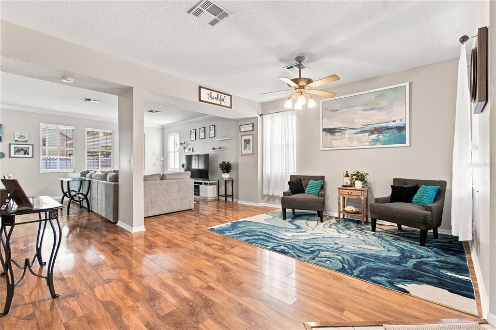 A living room features hardwood floors, a blue area rug, two armchairs, and a ceiling fan — 2340 SPRING HOLLOW LOOP, WESLEY CHAPEL, FL