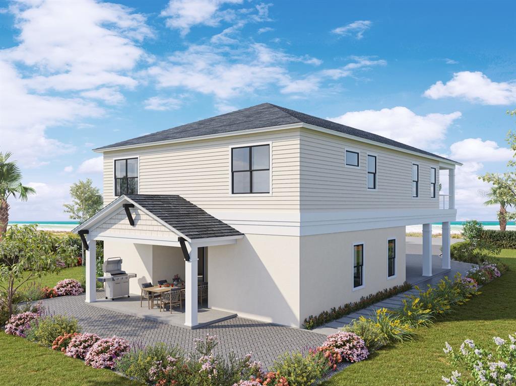 This is a digital rendering of a two-story house with a covered patio and landscaping — 2272 S OCEAN SHORE BOULEVARD, FLAGLER BEACH, FL