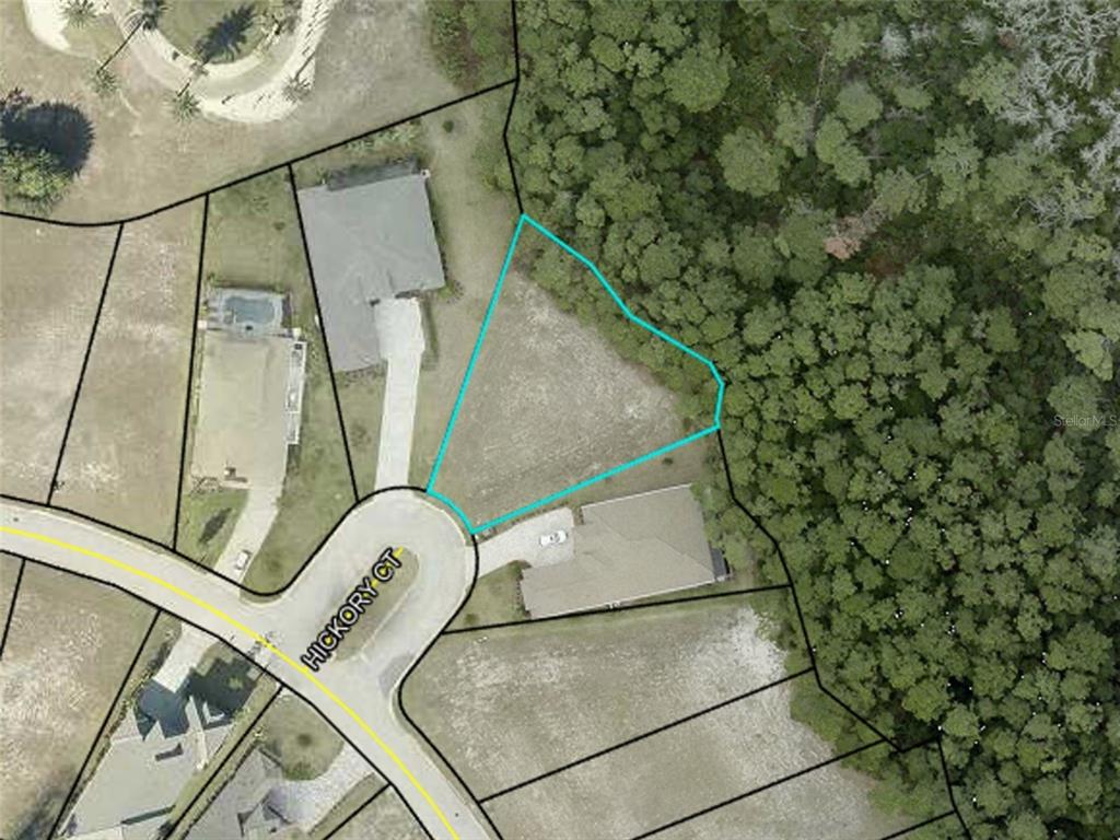 This is an aerial map showing a vacant residential lot outlined in blue on a cul-de-sac — 105 HICKORY COURT, PALM COAST, FL