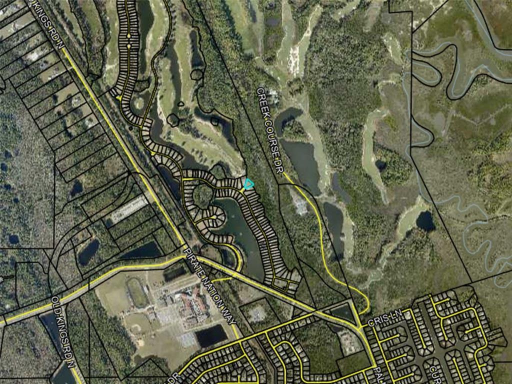 This is an aerial map showing a residential neighborhood, a golf course, and surrounding wooded areas — 105 HICKORY COURT, PALM COAST, FL