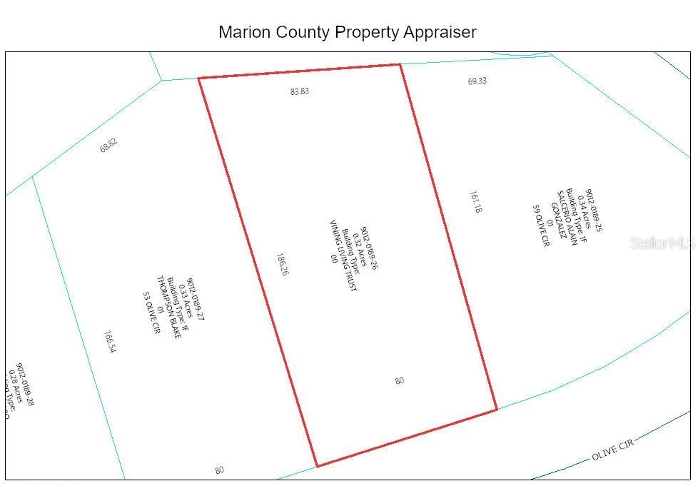 This is a property map showing parcel boundaries and dimensions for several lots on Olive Circle — LOT 26 OLIVE CIRCLE, OCALA, FL