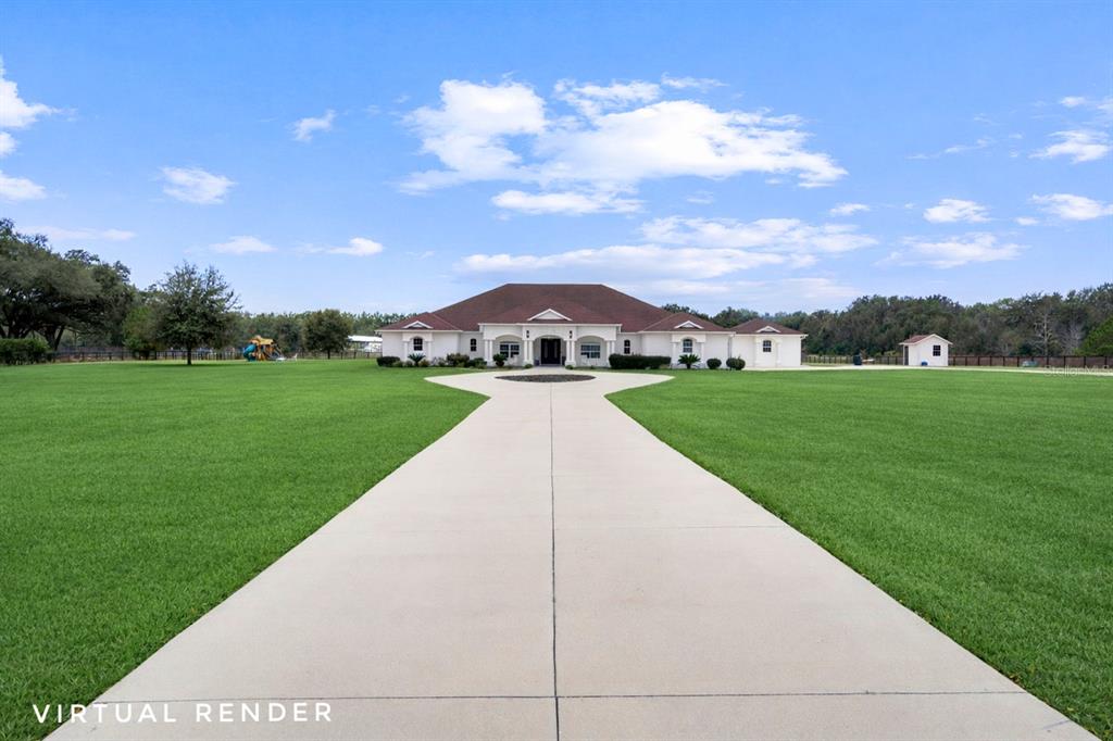A virtual render shows a single-story house with a long concrete driveway and large lawn — 6160 W HIGHWAY 326, OCALA, FL