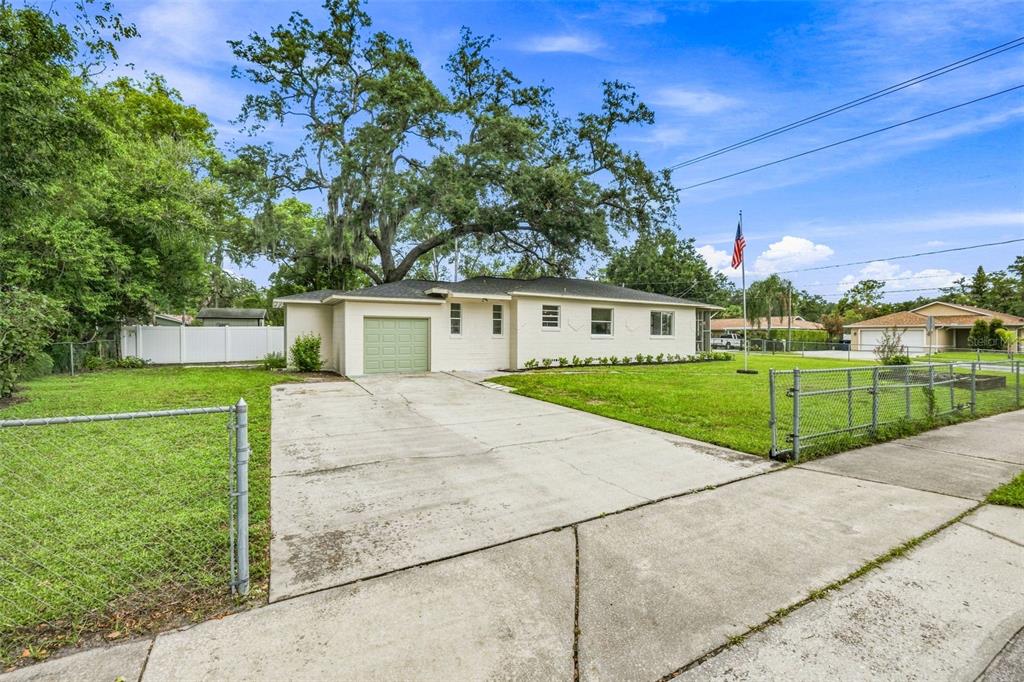 A single-story house with a green garage door, a concrete driveway, and a large oak tree — 1825 E HANNA AVENUE, TAMPA, FL