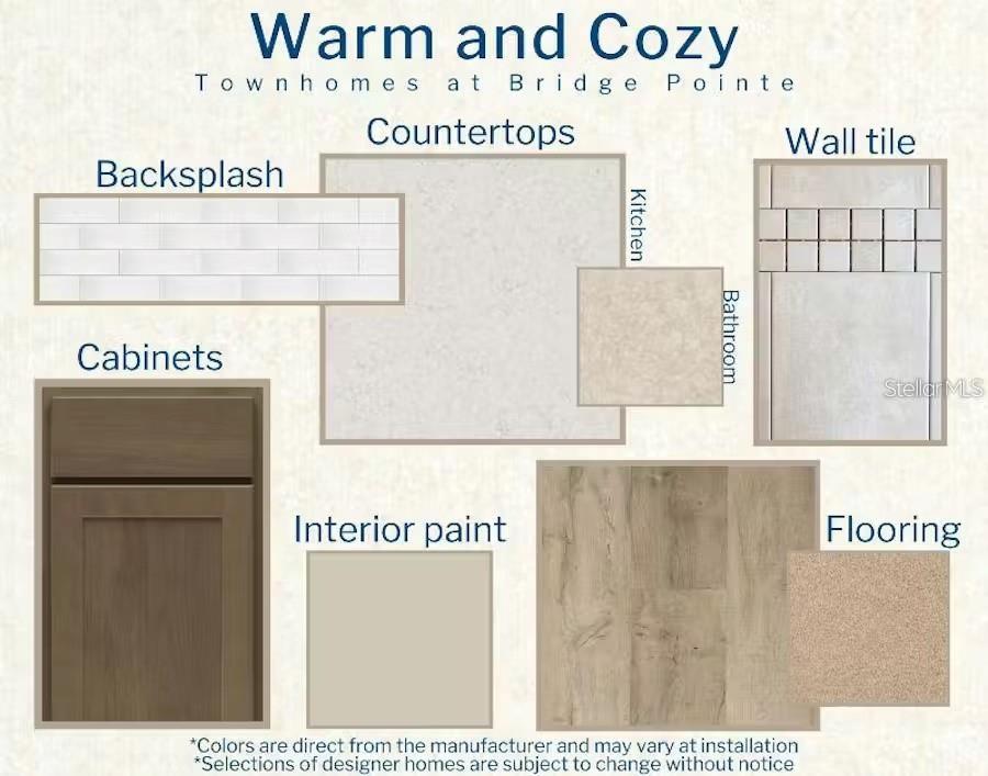 This design board displays material and color samples for townhome interior finishes — 334 CHESAPEAKE DRIVE, ST CLOUD, FL