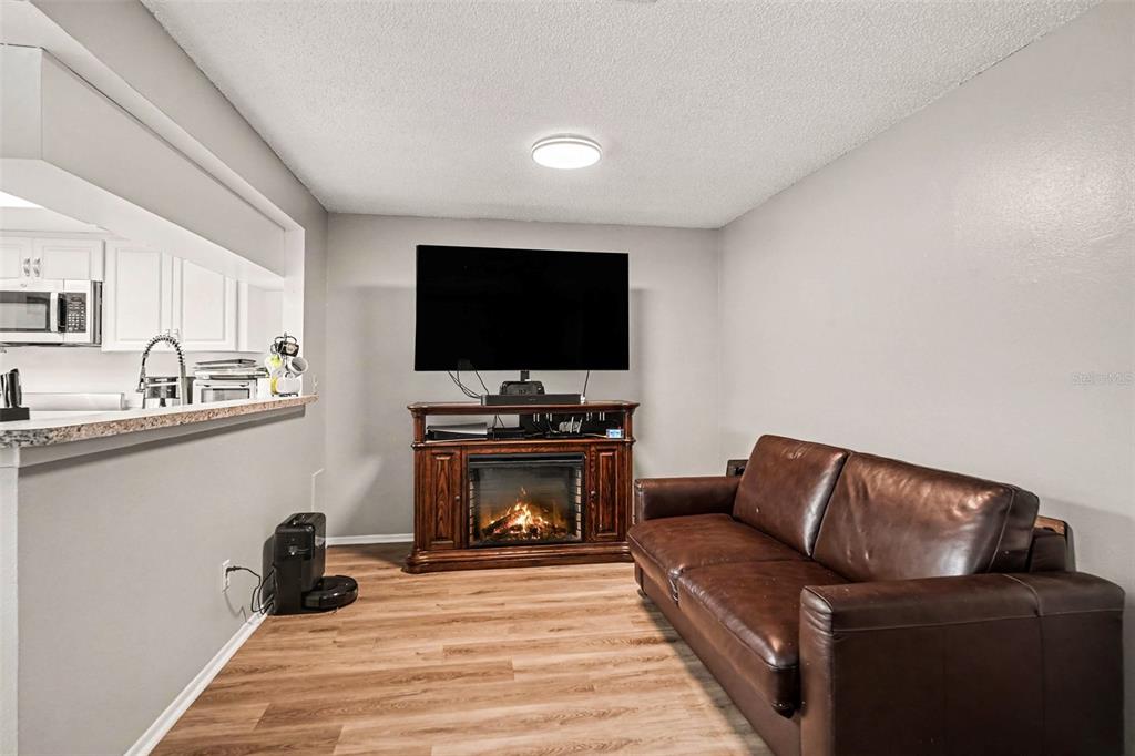 A living room features a brown leather sofa, a fireplace media console, and wood-look flooring — 491 EXMOOR TERRACE, DUNEDIN, FL