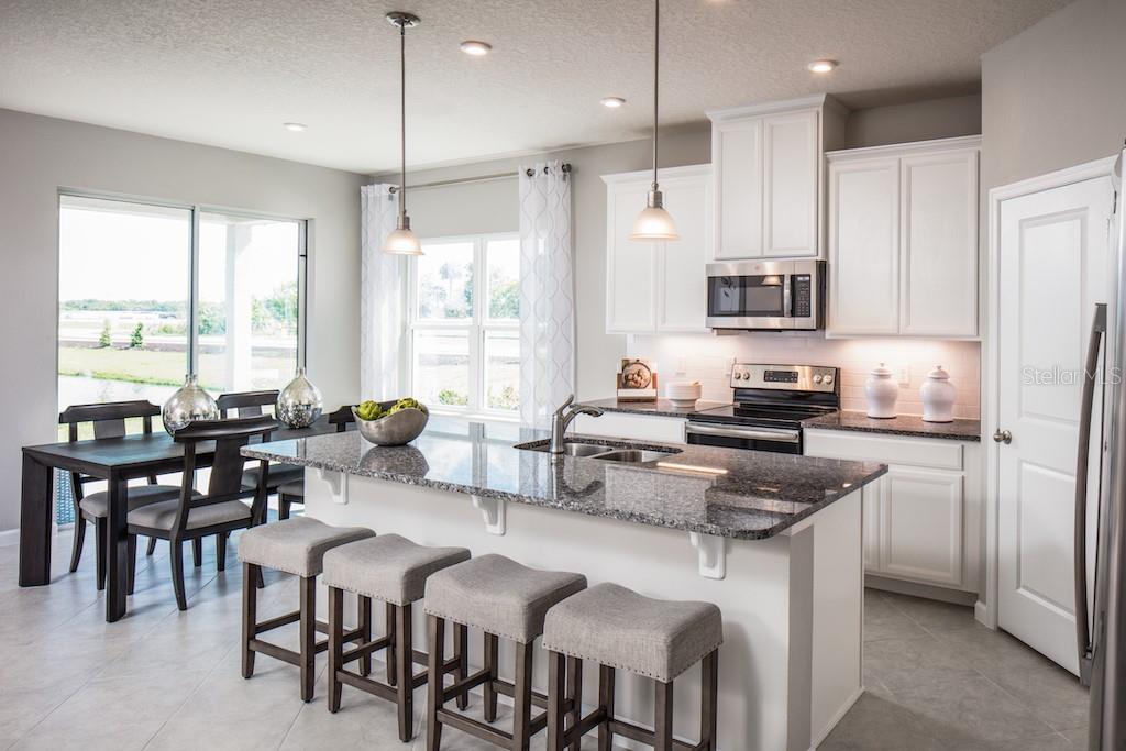 A kitchen with white cabinets, granite countertops, a center island with bar stools, and dining area — 2578 WHITE LADYFISH ROAD, WIMAUMA, FL