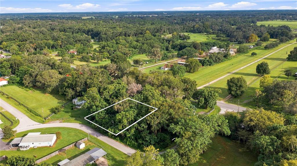 An aerial view shows a rectangular, tree-covered lot outlined in white near a paved road — 5860 SE 144TH PLACE, SUMMERFIELD, FL