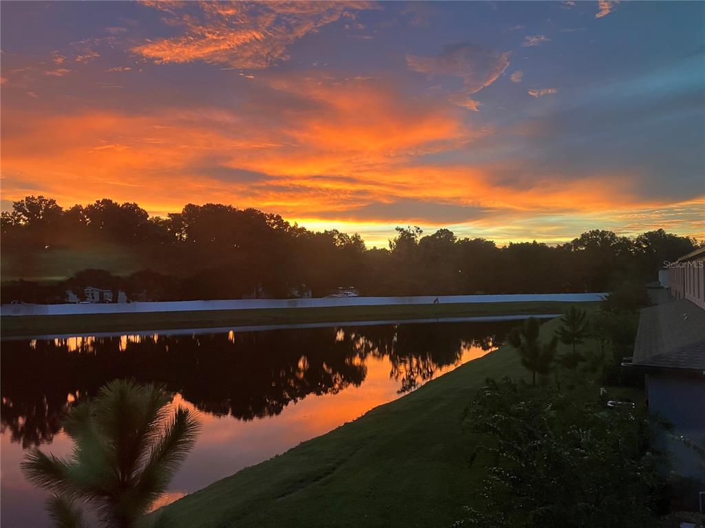 A vibrant sunset reflects over a calm lake behind a grassy yard and white fence — 6199 SHINER STREET, LAND O LAKES, FL